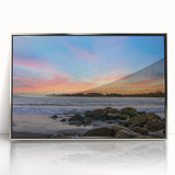 Mid-century modernist art depicting Santa Barbara scenery in muted earth tones on framed acrylic.