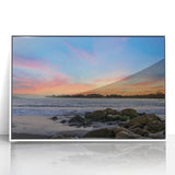 Acrylic print of Santa Barbara, California in art deco style with vibrant sunset hues, ideal for modern art wall decor.