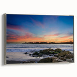 Framed canvas landscape art painting of Santa Barbara with silver frame.