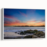 Vintage poster art of Santa Barbara with colorful elements on extra large framed canvas, ideal for living room decor.