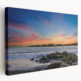 Side view of a stretched canvas featuring a detailed Santa Barbara scenery in neutral and earth tones.