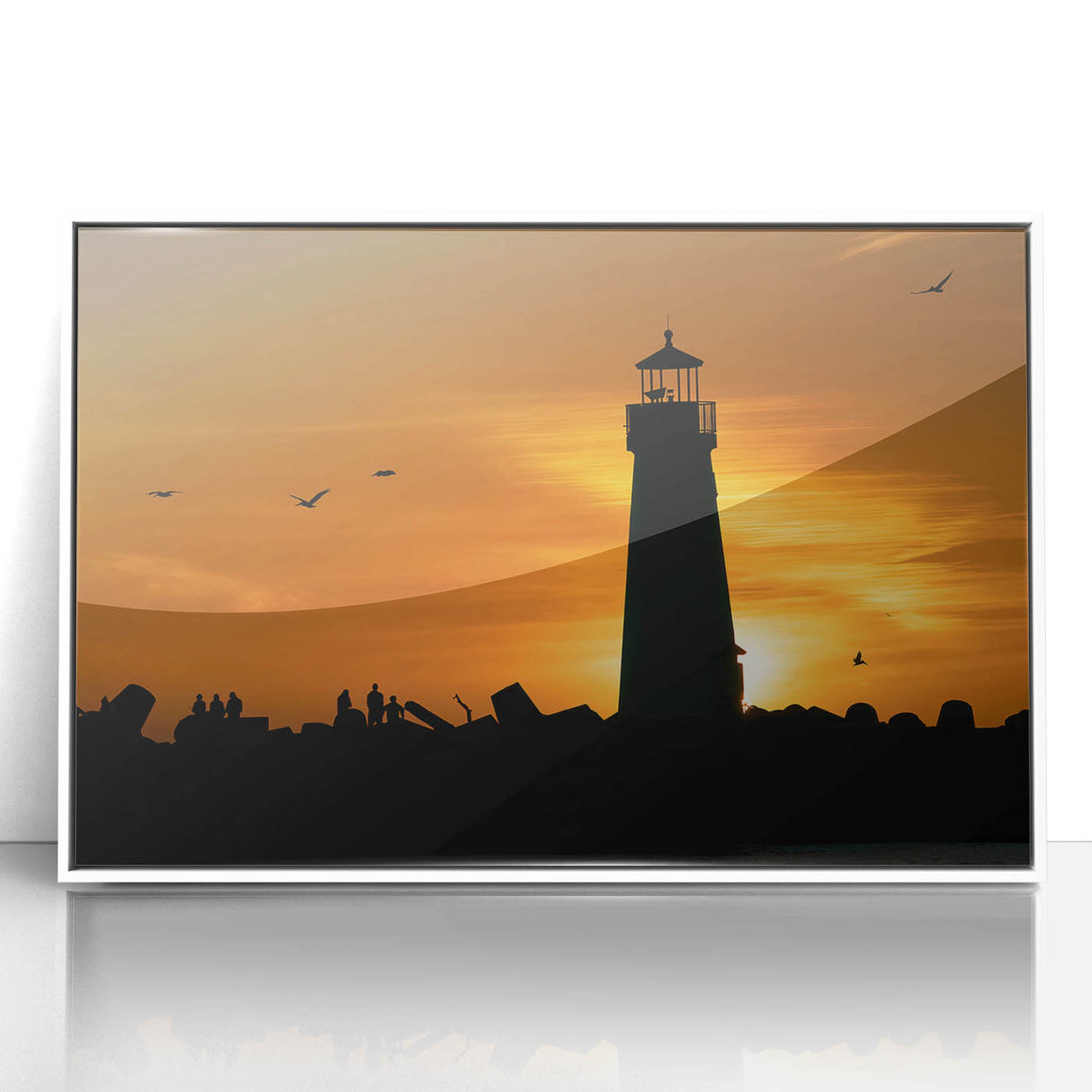 Acrylic print of Santa Cruz landscape in art deco style, with soft pastel shades, framed in white.