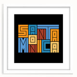 Abstract art print of Santa Monica with muted blue and beige tones on a framed white mat, ideal for dining room decor.