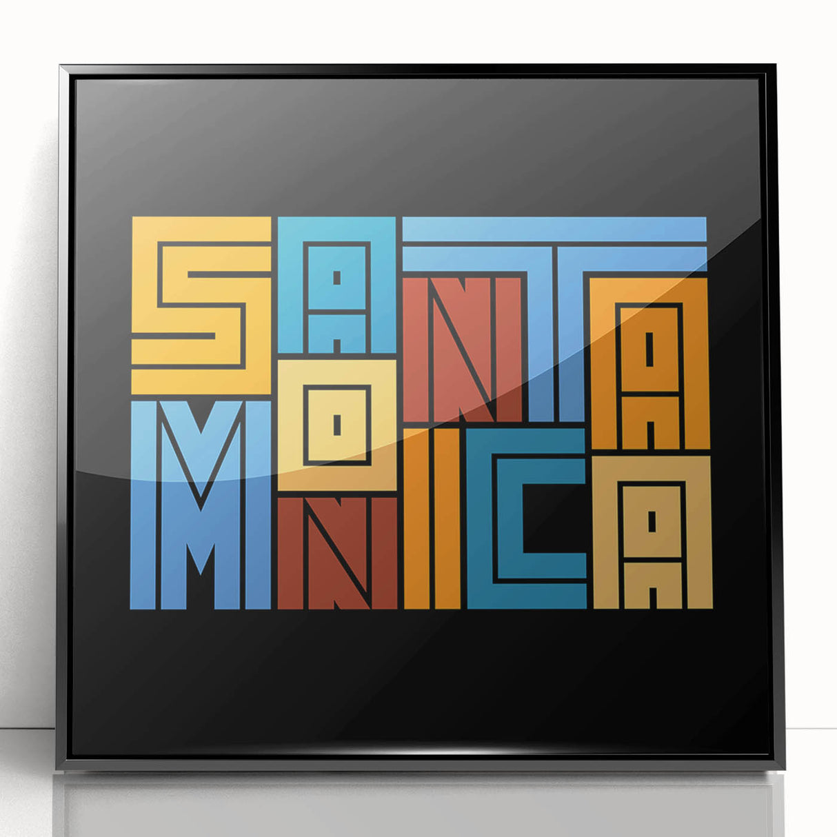 Acrylic print of Santa Monica scenery in art deco style with muted blue and gray tones, ideal for modern art wall decor.