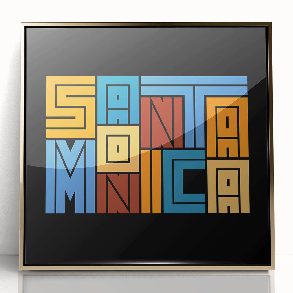 Large abstract wall art depicting the Santa Monica coastline in muted gold and blue tones, acrylic print.