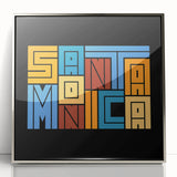 Large acrylic print of Santa Monica scenery in mid-century modernist style, featuring muted blue and gray tones.