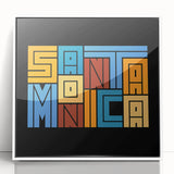 Mid-century modernist art depicting Santa Monica scenery in muted pastel colors on a white framed acrylic.