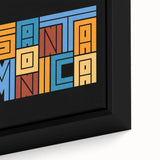 Extra large framed canvas of Santa Monica scenery in black with colorful, textured art details.