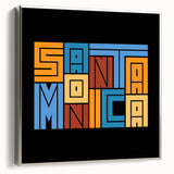 Framed canvas depicting a vintage-style Santa Monica landscape in colorful tones.