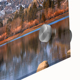 Large abstract depiction of Sierra Nevada in muted earth tones on acrylic glass.