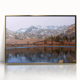 Large art print of Sierra Nevada landscape in mid-century modernist style, framed in gold acrylic, suitable for modern decor.