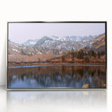 Mid-century modernist art depicting the Sierra Nevada in muted earth tones on a framed acrylic print.