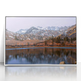 Acrylic print of Sierra Nevada scenery in muted earth tones, framed in white, suitable for modern nursery decor.
