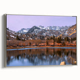 Landscape art painting of Sierra Nevada on framed canvas, featuring muted earth tones and a vintage poster style.
