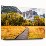 Acrylic print of Yosemite scenery on a large abstract format, in muted earth tones, ideal for dining room decor.
