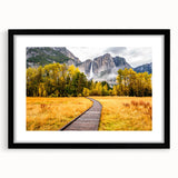 Extra large framed wall art of an abstract Yosemite scene in colorful textured hues, ideal for living room decor.