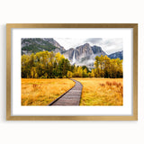 Extra large abstract art print of Yosemite scenery in muted earth tones on a framed canvas, ideal for living room decor.