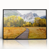 Large abstract wall art depicting Yosemite scenery in muted earth tones, framed in black acrylic.