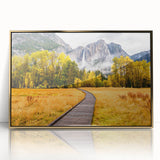 Acrylic print of Yosemite landscape in earth tones, framed in gold, suitable for modern art wall decor.
