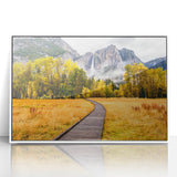 Framed acrylic print of Yosemite scenery with lush greenery and towering cliffs, in a modern art style.
