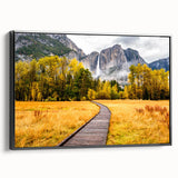 Black and white framed canvas of Yosemite landscape, vintage poster style, ideal for bedroom decor.