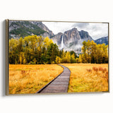 Framed canvas depicting Yosemite landscape in vintage poster style, with muted earth tones, ideal for bedroom wall art.