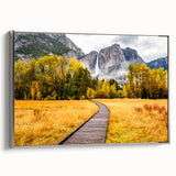Framed canvas landscape art painting of Yosemite with vibrant green and blue tones, ideal for living room decor.