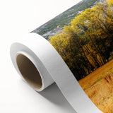 Art Deco-style Yosemite scenery on rolled canvas, featuring muted greens and blues, ideal for nursery wall art.