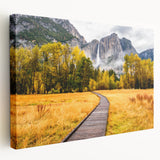 Yosemite National Park landscape on large stretched canvas, featuring muted earth tones, ideal for kitchen wall art.