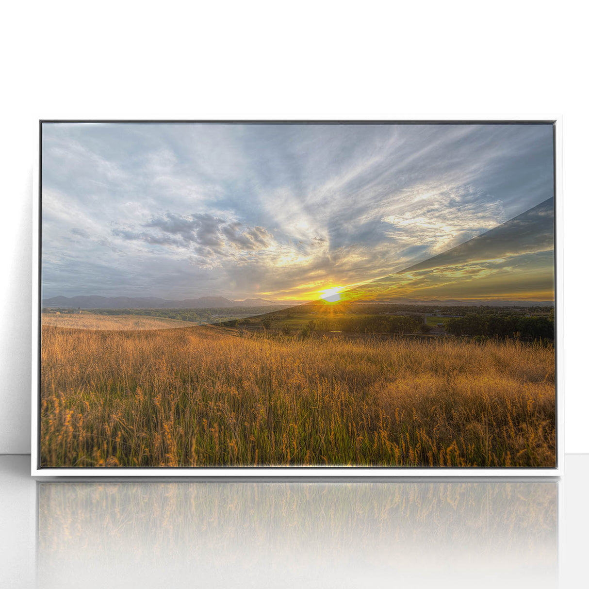 Acrylic print of Boulder, Colorado scenery in art deco style with pastel colors, ideal for modern nursery wall art.