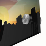 Large abstract depiction of Denver skyline in muted earth tones on acrylic glass, ideal for dining room art.