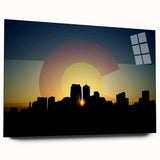 Large abstract depiction of Denver skyline in muted blue and orange hues on acrylic glass.