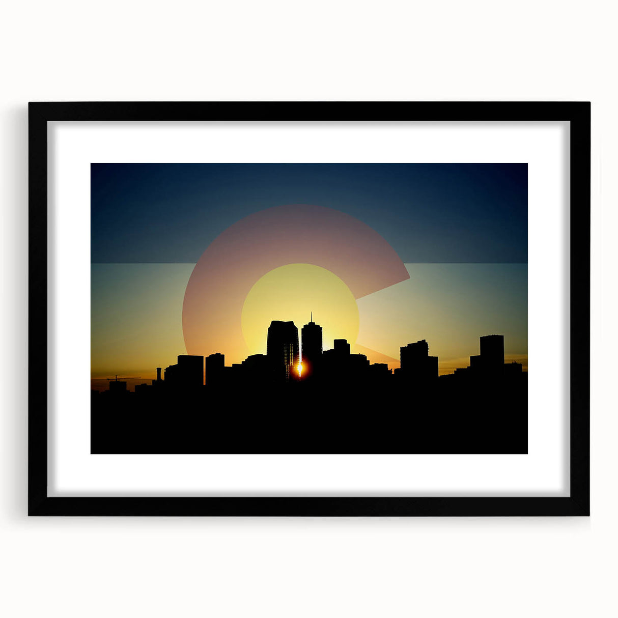 Colorful abstract art print of Denver skyline in vibrant hues on a large canvas, ideal for living room decor.