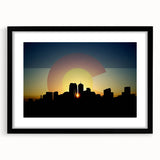 Colorful abstract art print of Denver skyline in vibrant hues on a large canvas, ideal for living room decor.