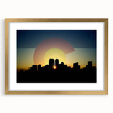 Extra large abstract art print of Denver skyline in textured style, using muted gray and blue tones on a framed canvas.