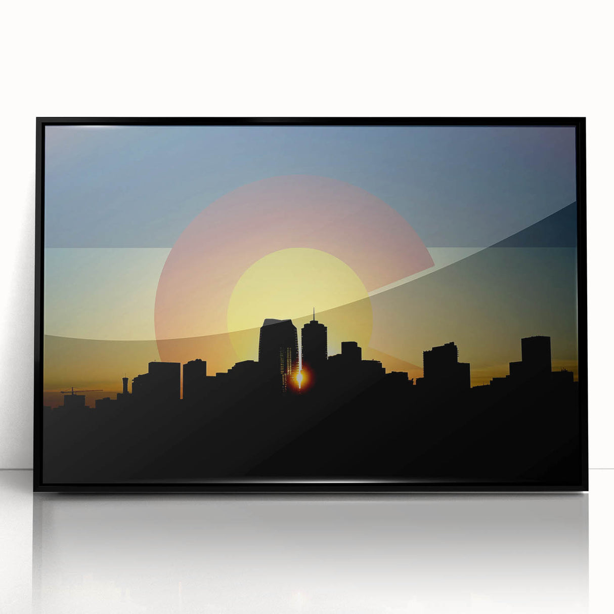 Large abstract wall art of Denver skyline in muted gray and blue tones on black framed acrylic.