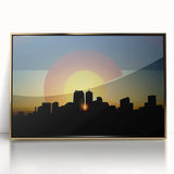 Mid-century modernist Denver skyline in muted gold tones on a framed acrylic, suitable for modern art wall decor.