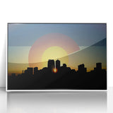 Art deco poster of Denver skyline in muted blues and grays, framed acrylic, ideal for modern nursery wall art.