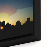 Framed canvas of Denver skyline with textured, colorful art in vibrant hues, ideal for living room decor.