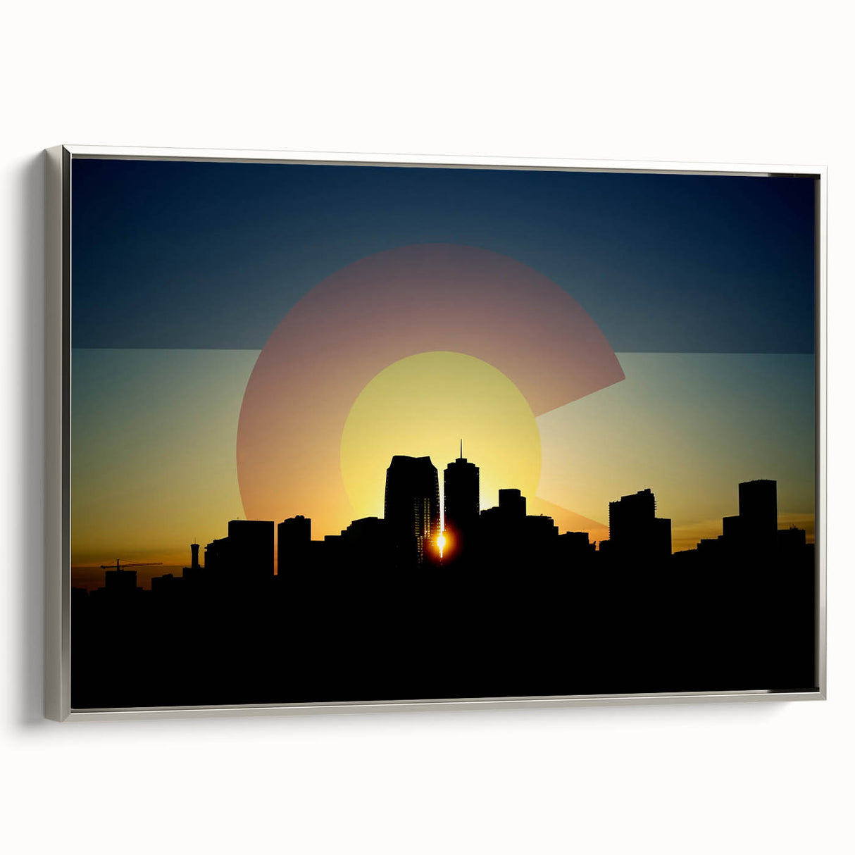 Framed canvas of a vintage-style Denver landscape painting in vibrant colors on a black background.