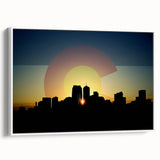Vintage poster art of Denver, Colorado, with colorful elements on a large framed canvas, ideal for living room decor.