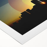 Art deco poster of Denver skyline in muted blue and gray tones on rolled canvas, ideal for dining room wall art.