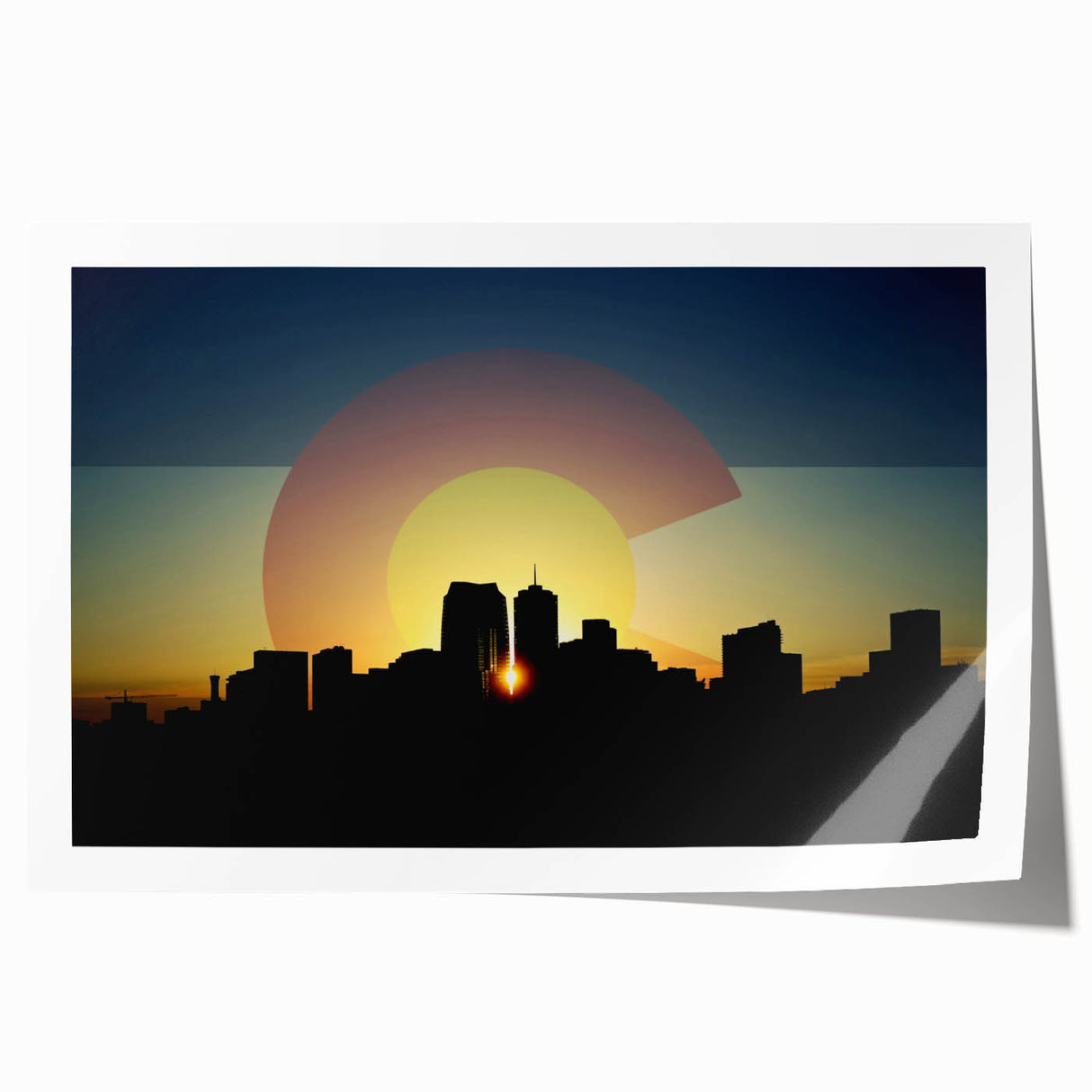 Rolled print of Denver skyline with muted earth tones, ideal for art wall dining room.