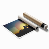 Rolled print of Denver skyline with floral elements in soft pastel shades, ideal for classy bathroom wall art.