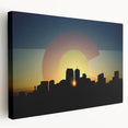 Denver skyline depicted in muted earth tones on a large stretched canvas, suitable for kitchen wall art.