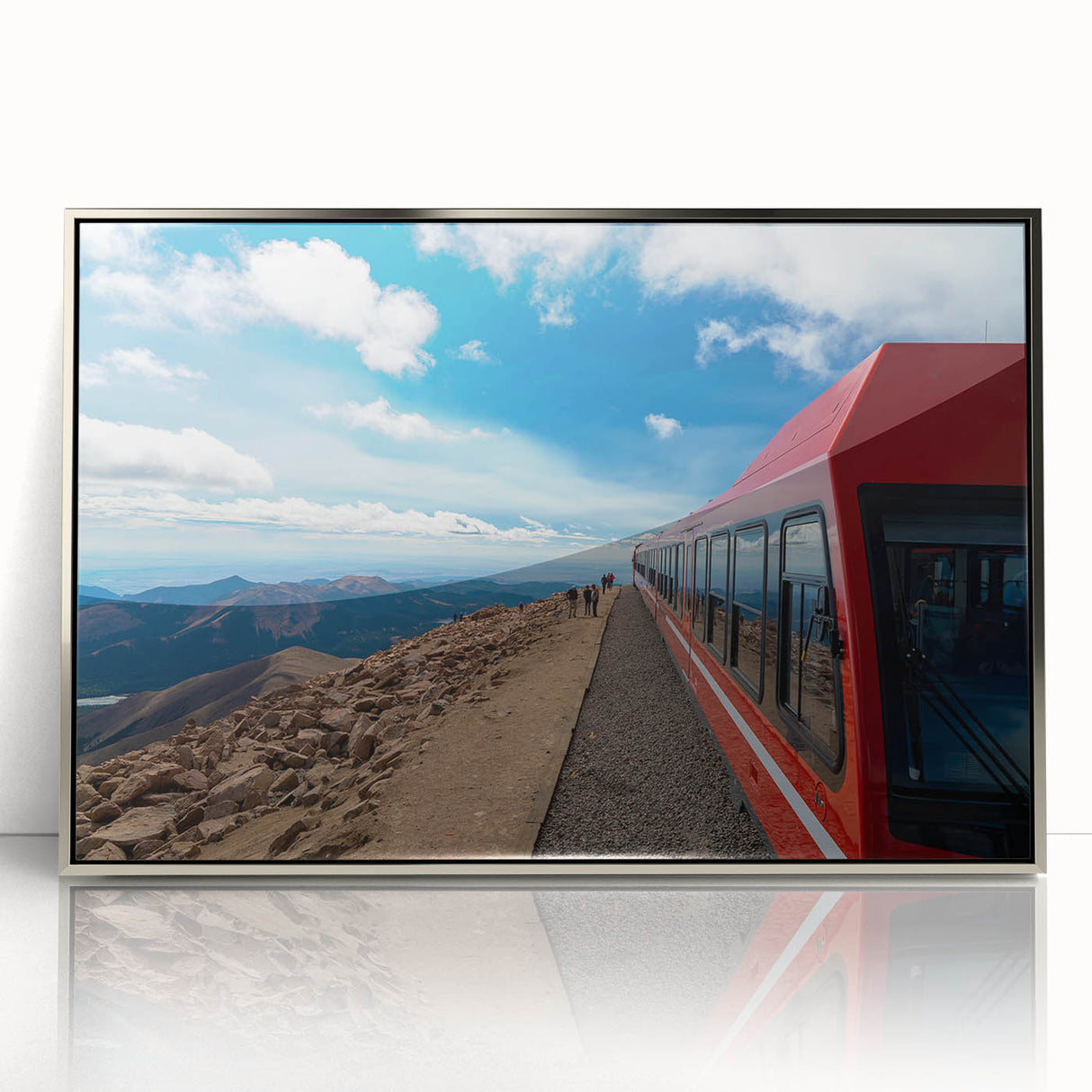 Mid-century modernist art of Pikes Peak with muted earth tones on a framed acrylic print, suitable for modern art wall decor.