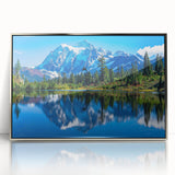 Mid-century modernist art of the Rocky Mountains in muted earth tones on a framed acrylic print.