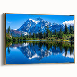 Framed canvas of Rocky Mountains landscape in muted gold and black tones, suitable as wall art for bedroom.