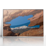 Acrylic print of Colorado Springs scenery in art deco style, framed in white, suitable for modern nursery decor.