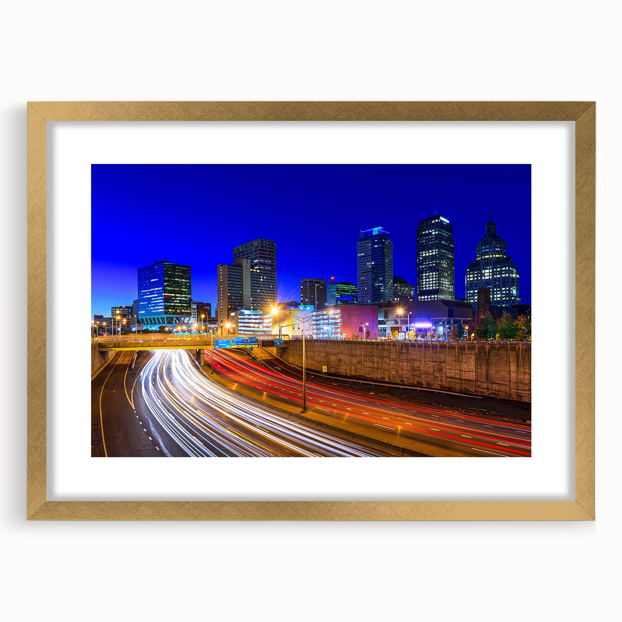 Extra large abstract art print of a textured Connecticut landscape in muted earth tones, framed in gold.